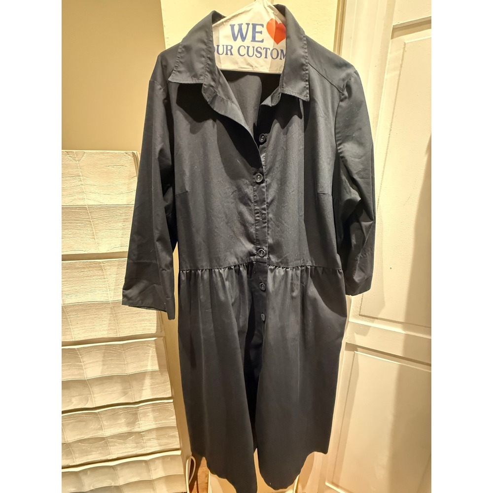 Lands End Womens Black Button Down Shirt Dress 3/4 Sleeve Pleated Waist Size 18